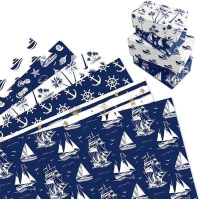 Famanu - 12 vellen nautisch inpakpapier, ankerschepen geschenkverpakking, maritieme cadeauverpakking, verjaardag, inpakpapier voor Vaderdag, voor mannen, babyshower, zeildecoraties, 68 x 50 cm