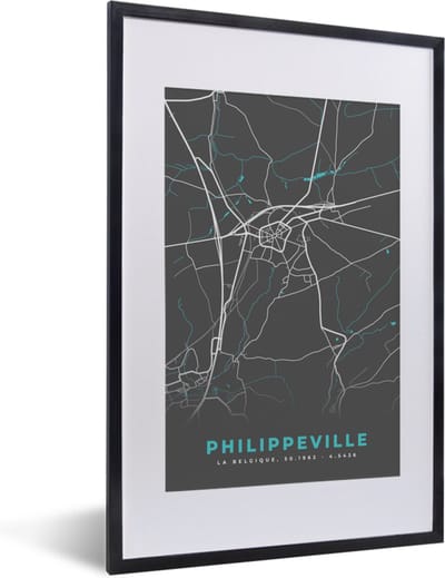 Fotolijst incl. Poster - België – Philippeville – Stadskaart – Kaart – Blauw – Plattegrond - 40x60 cm - Posterlijst