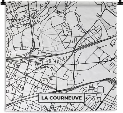 Wandkleed - Wanddoek - La Courneuve - Frankrijk - Kaart - Plattegrond - Stadskaart - Zwart wit - 180x180 cm - Wandtapijt