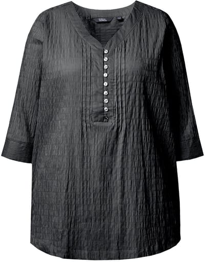 Ulla Popken - Dames - Tuniek strepen biesjes bubble-structuur 3/4-mouwen - Zwart - Maat 50+