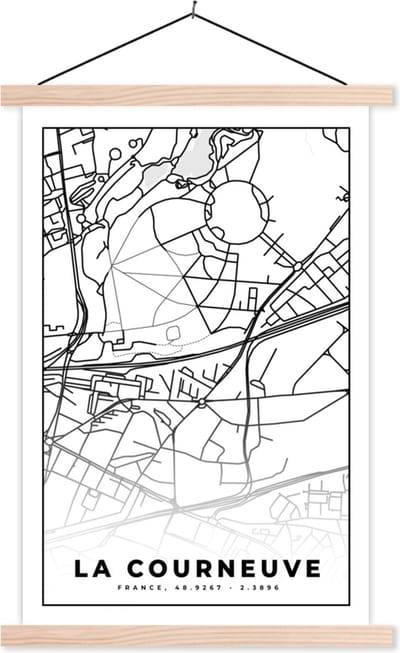 Posterhanger incl. Poster 40x60 cm - Schoolplaat - Stadskaart - Plattegrond - Kaart - Frankrijk - La Courneuve - Zwart wit - Textielposter - Blanke latten - Stadskaart