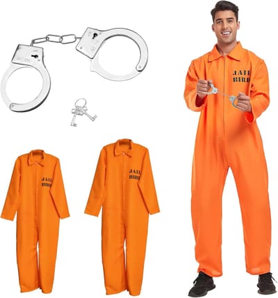 Oranje gevangeniskostuum met handboeien voor mannen en vrouwen, perfect voor carnaval en cosplay, ideaal voor feestjes en thema-events