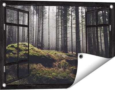 Gards Tuinposter Doorkijk Bos met Mos op Rotsen - 60x40 cm - Tuindoek - Tuindecoratie - Wanddecoratie buiten - Tuinschilderij