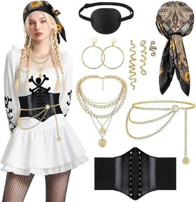 Carnaval Piratenkostuum voor Vrouwen - 7-delige Set met Hoofddoek, Ketting, Tailleband, Oorbellen en Accessoires voor Feest en Verkleedpartijen