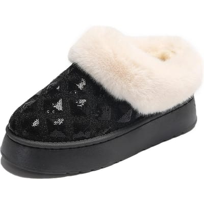 Bottes de neige décoratives à paillettes d'automne et d'hiver, pantoufles à talon couvert, pour femmes, à semelle épaisse, doublées polaire, garde au chaud, vêtements d'extérieur, chausson en laine polaire 40 black