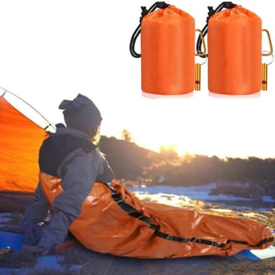 KZQ 2 Nood Slaapzakken 90x210 Cm Thermische Overlevingsdekens Noodbivakzak Voor Buiten Kamperen Wandeluitrusting Noodvoorraden Inclusief Fluitje En Opbergtas Oranje Buitensport