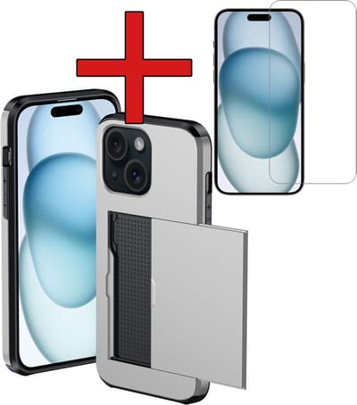 Hoesje Geschikt voor iPhone 15 Hoesje Met Pasjeshouder Hard Case Met Kaarthouder Met Screenprotector - Hoes Geschikt voor iPhone 15 Hoesje Pashouder Case - Grijs