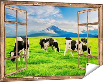 Gards Tuinposter Doorkijk Koeien in de Wei - 120x80 cm - Tuindoek - Tuindecoratie - Wanddecoratie buiten - Tuinschilderij