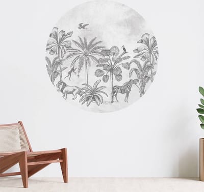 Muurcirkel zelfklevend behang - Dierenjungle grijs - Wanddecoratie - 080cm behangcirkel - Ronde sticker voor aan de muur - Behangsticker verkrijgbaar in verschillende formaten