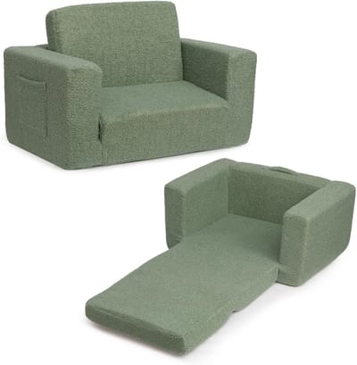 Kinderfauteuil Slaapbankje - Uitklapbaar Bankje - Spelen en Ontspannen - 2-in-1 Functie - 43 x 67 x 39 cm - Lauriergroen