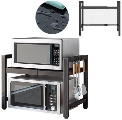 MODFU Verstelbaar Magnetronrek 66×33×45 cm – Keukenrek met 6 Haken – Ruimtebesparende Opbergrek voor Aanrecht – Zonder Boren – Koolstofstaal – Zwart