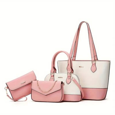 Bovista Handtas Dames - Schoudertas - School - Shopper - Schooltas - Werktas - 4-Delige Set - Wit/Roze