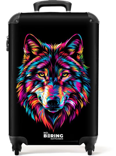 NoBoringSuitcases.com® - Kinderkoffer - Kindertrolley - Wolf - Neon - Handbagage koffer lichtgewicht - Reiskoffer trolley - Rolkoffer met wieltjes - Past binnen 55x40x20 en 55x35x25