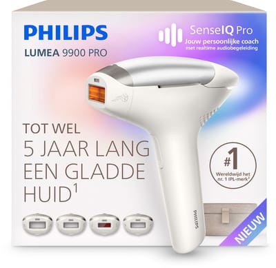 Philips Lumea 9900 Pro IPL Ontharingsapparaat – Tot 5 Jaar Lang een Gladde Huid, Persoonlijke Coach met Realtime Begeleiding en 4 Opzetstukken voor Lichaam, Gezicht, Oksels & Gevoelige Zones, WIT, BRC344/00