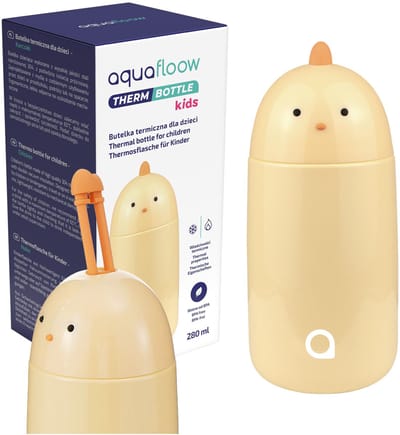 AquaFloow thermosbeker 280 ml voor kinderen - drinkfles - dubbelwandige waterfles - roestvrij staal - dop met siliconen afdichting - BPA-vrij - kip, geel