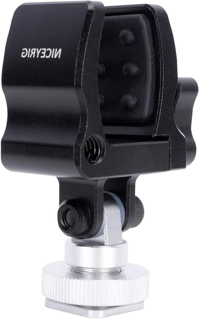 Microfoonclip met verstelbare opening van 18,5 tot 35 mm, aluminium en roestvrij staal, met schokabsorber en koudschroef voor 1/4" schroefdraad aansluiting