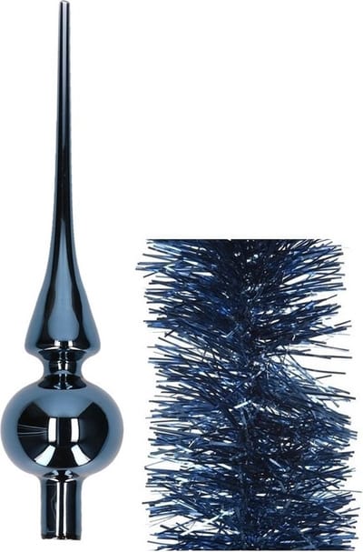 Kerstversiering glazen piek glans 26 cm en folieslingers pakket donkerblauw van 3x stuks - Kerstboomversiering