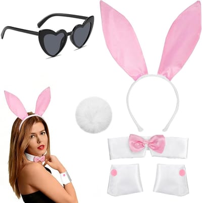Vrouwelijk Konijn Kostuum Set van 5, Schattige Halloween Accessoires met Oren, Strik, Mouwen, Bril en Staart voor Cosplay Feesten en Verkleedpartijen