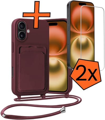 Hoesje Geschikt voor iPhone 16 Plus Hoesje Met Telefoonketting Pasjeshouder Case Met 2x Screenprotector Koord - Hoesje Geschikt voor iPhone 16 Plus Hoes Met Kaarthouder - Aubergine