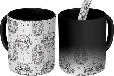 Magische Mok - Foto op Warmte Mokken - Koffiemok - Maskers - Inca - Patroon - Zwart-Wit - Magic Mok - Beker - 350 ML - Theemok
