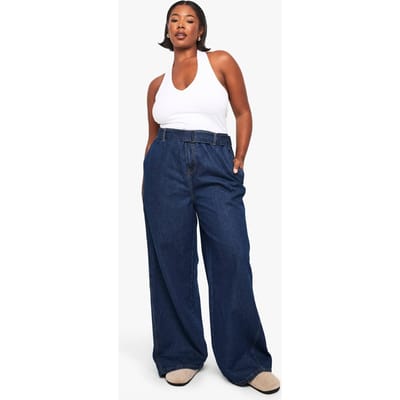 boohoo Dames PLUS riem met gesp, elastische achterkant, wijde pijpen denim jeans | Indigo | Maat: 44