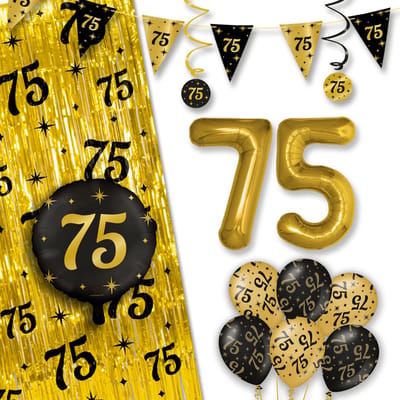 LUQ – All-Out Glam Set 75 Jaar – Zwart-Goud Verjaardag Decor – Luxe Feestpakket Ballonnen-Slingers-Vlaggenlijn-Gordijn