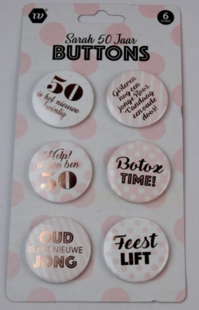 Buttons Sarah - 50 jaar - 6 stuks - Verjaardag - Versiering - Feestje