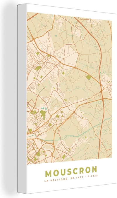 Canvas Schilderij Plattegrond - Kaart - Mouscron - Stadskaart - Retro - Mouscron - 20x30 cm - Wanddecoratie