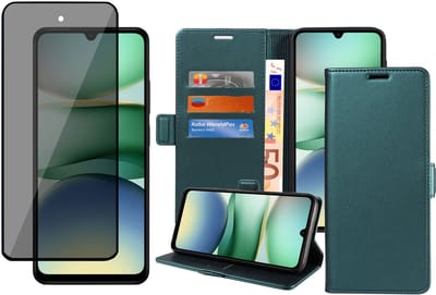 Book Case & Privacy Screenprotector geschikt voor Xiaomi Redmi A5 Hoesje Screenprotector - Privé - Gehard Glas Cover - Magnetische Sluiting - Portemonnee Turqoise
