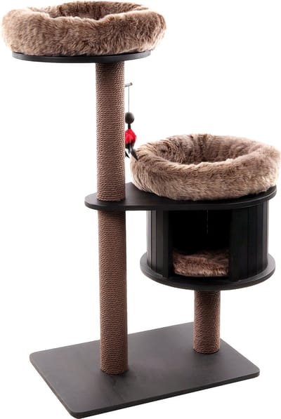 Krabpaal – Flamingo Raisa 1 Bruin & Grijs – 79x45x119 cm – luxe kattenboom met relaxmand & schuilplaats – krabpaal met speeltje & papieren touw – voor alle kattenrassen