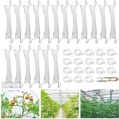 Tomatenhaken met koord, 18 stuks metalen tomatenhaken met 18 plantengespen en 15 m touw, tuintomathaken, voor hangende tomaten en komkommers.
