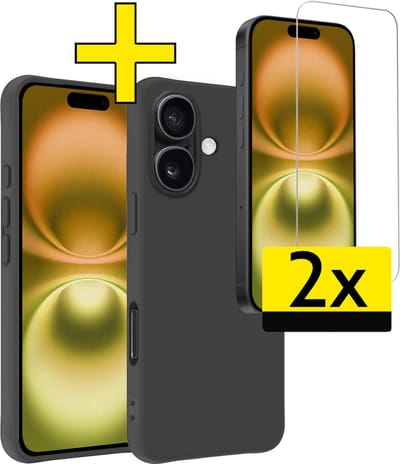 Hoesje - Met 2x Screenprotector - Geschikt voor Apple iPhone 16 - Sterk & Shockproof - Back Cover - Siliconen Case - Telefoon Hoes - Telefoonhoesjes - Zwart