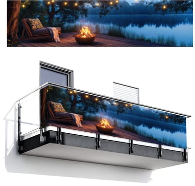 Balkonscherm 500x120 cm - Balkonposter Kampvuur - Meer - Avondlicht - Balkon scherm decoratie - Balkonschermen - Balkondoek zonnescherm