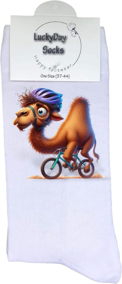 Dromedaris fiets - wielrennen -fiets - verjaardag cadeau - Moederdag - Vaderdag - opkikkertje - kerst cadeau sokken - valentijnsdag - Sokken waar je vrolijk van wordt - leuke sokken voor heren en dames - leuk cadeau - maat 37-44