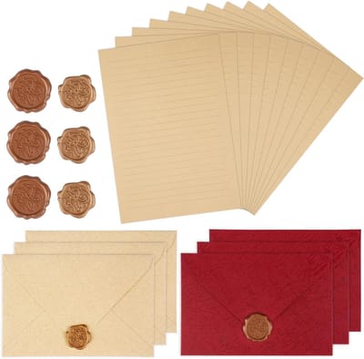 Dailygoods - Vintage Briefpapier met Envelop, Briefpapierset met 10 Vintage Briefpapier, 6 Linnen Enveloppen en 6 Zelfklevende Waszegels, voor Brieven, Liefdesbrieven, Huwelijksuitnodigingen, Verjaardagen