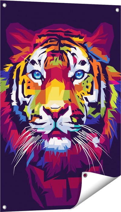Gards Tuinposter Kleurrijke Tijger - Abstract - 60x90 cm - Tuindoek - Tuindecoratie - Wanddecoratie buiten - Tuinschilderij