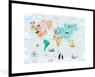Wereldkaart Kinderen - Symbolen - Kompas - Schoolplaat - Kinderkamer - 120x80 cm