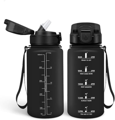 Drinkfles 500 ml, BPA-vrij en lekvrij, drinkfles met rietje, herbruikbare drinkfles voor de basisschool, motiverende drinkfles voor school, fitnessstudio, kantoor, hardlopen