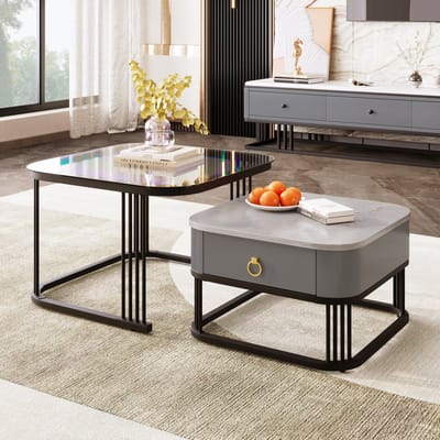 STILVORA Salontafel - 2 Delige Set Met Glasplaat En Zwart Frame - Elegant Vierkant Design Voor Woonkamer - 60x60+50x50 cm - MDF + Metaal - Zwart en Grijs