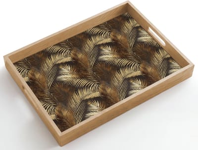Dienblad hout 50x35 cm - Schootdienblad - Tropisch - Bladeren - Goud - Borrelplank rechthoek - Plateau dienbladen