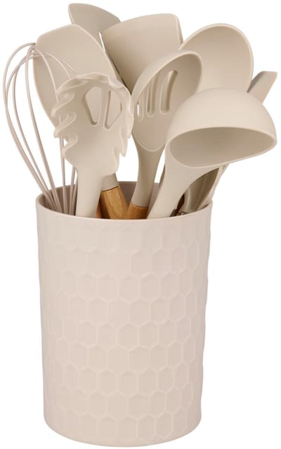 Alpina Siliconen Keukengerei Set 12-Delig - Kookgerei met Houder - Spatel, Garde, Soeplepel, etc - Beige