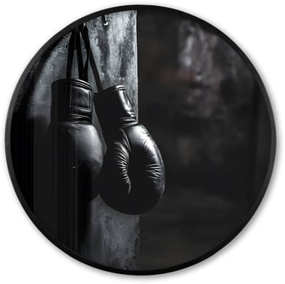 Poster in lijst Rond - Fotolijst 60x60 cm - Posters - Bokshandschoenen - Muur - Duister - Zwart - Ronde posterlijst zwart - Decoratie - Wanddecoratie woonkamer - Muurdecoratie slaapkamer