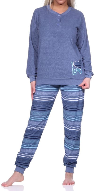Dames badstof pyjama lange mouw met manchetten - broek gestreept - ook in overmaten