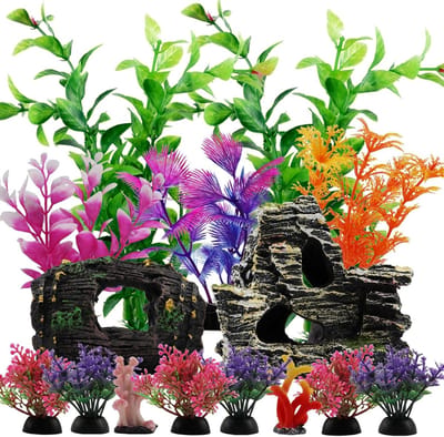Natuurlijke Aquariumdecoraties met Planten, Houten Vaten en Grotten, 15 Stuks, Plastic Accessoires voor Visbeschutting en Sierlijke Inrichting