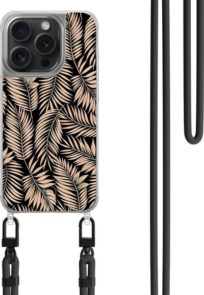 Hoesje met koord geschikt voor iPhone 14 Pro - Palm silhouette - Inclusief zwart koord - Crossbody beschermhoes - Transparant, Zwart, Beige - Mooie Telefoonhoesjes