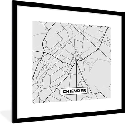 Fotolijst incl. Poster Zwart Wit- Plattegrond – Chièvres – Zwart Wit – Stadskaart - Kaart - 40x40 cm - Posterlijst