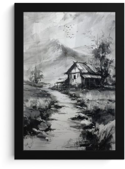 Poster in lijst - Fotolijst 20x30 cm - Posters - Hut - Grijs - Bergen - Mistig - Posterlijst zwart - Decoratie - Wanddecoratie woonkamer - Muurdecoratie slaapkamer