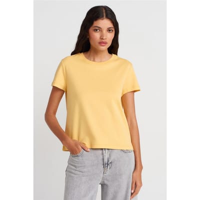 Dames Katoenen Geribbelde Crew Neck T-Shirt
