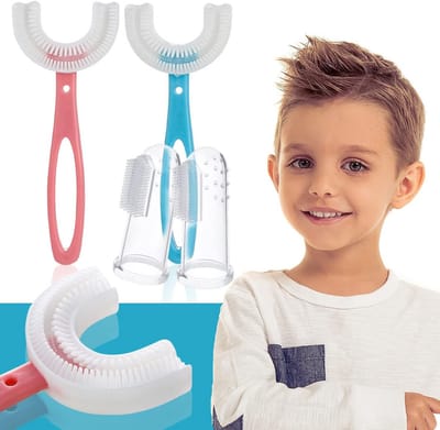 4-Pack U-vormige Kindertandenborstel met Siliconen Kop voor 6-12 Jaar | 360° Handmatige Reiniging