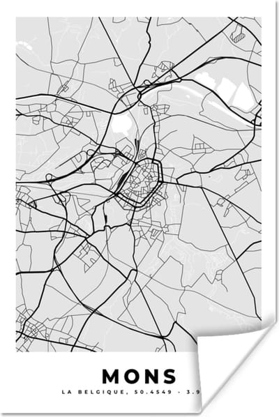 Poster België – Mons – Stadskaart – Kaart – Zwart Wit – Plattegrond - 120x180 cm XXL
